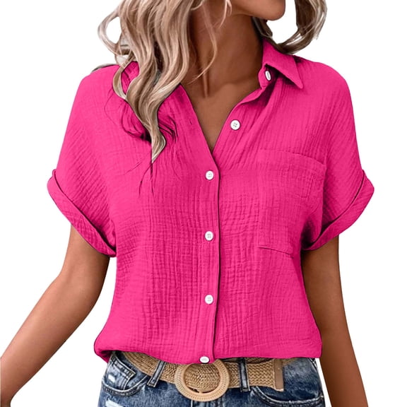 Womens Blouses Casual Tops Batwing Short Sleeve Notch Neck Pocket Plain Patched Shirt Casual Work T Shirts Double Layer Wrinkled Fabric with Pocket by Awwp Hot Pink L