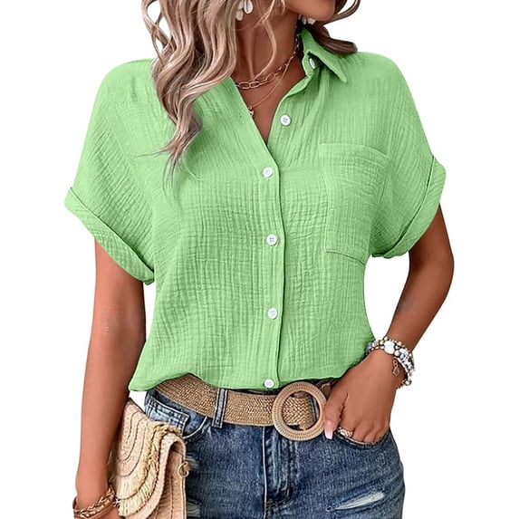 Womens Blouses Casual Tops Batwing Sleeve Pocket Patched Shirt Casual Work T Shirts Double Layer Wrinkled
