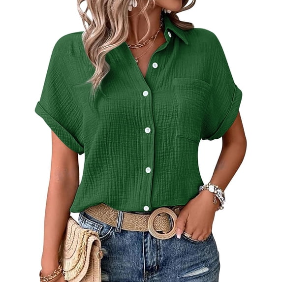 Womens Blouses Casual Tops Batwing Sleeve Pocket Patched Shirt Casual Work T Shirts Double Layer Wrinkled