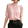thumbnail image 1 of Womens Blouses Casual Tops Mock Neck Puff Sleeve Shirts Business Work Summer Outfits Lightweight Soft Daily Wear Fashion Tops by Yigetop Pink M, 1 of 6