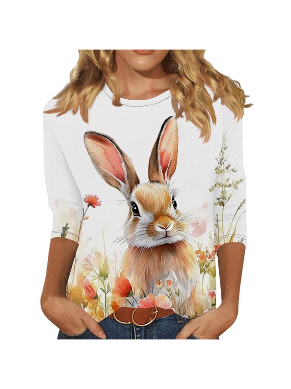 Womens Blouses Casual,Women Easter Shirts 2025 Cute Rabbit Bunny Pullovers Religious Tunic Blouse Funny Egg Graphic Tees 3/4 Length Sleeve Tops