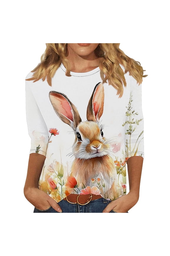 Womens Blouses Casual,Women Easter Shirts 2025 Cute Rabbit Bunny Pullovers Religious Tunic Blouse Funny Egg Graphic Tees 3/4 Length Sleeve Tops