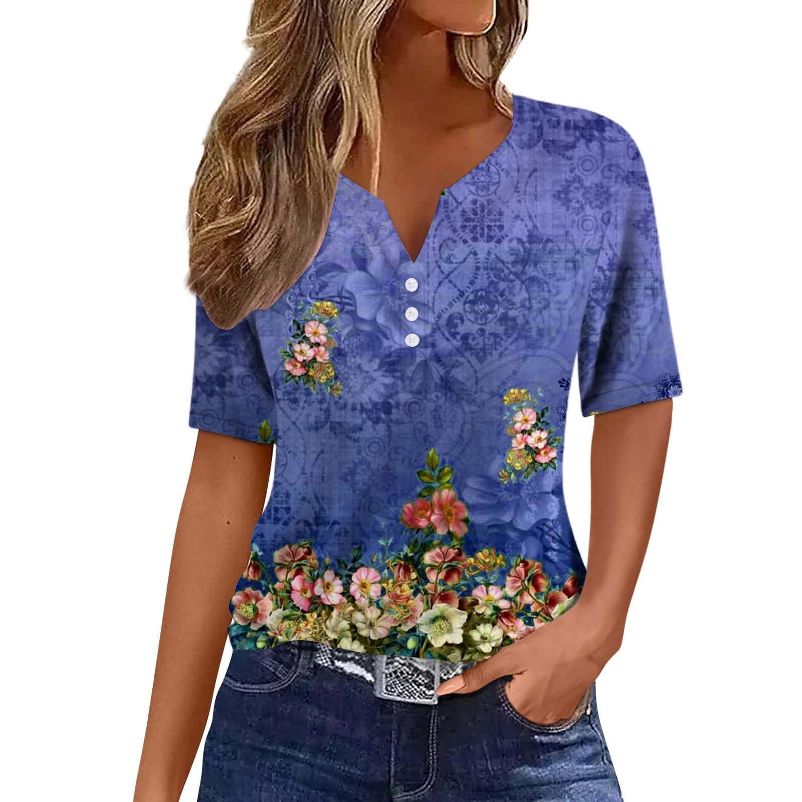 Womens Blouses Clearance Fashion Floral Print Funnel Neck T Shirt