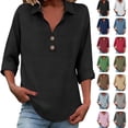 thumbnail image 1 of Womens Blouses Collared V‑Neck 3/4 Sleeve Henley Cotton Linen Blouse Curved Hem Casual Lightweight Daily Wear Tops, 1 of 6