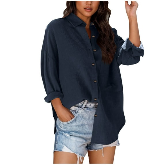 Womens Blouses Cotton Linen Long Sleeve Shirts Loose Casual Button Down Shirt Solid Color Tshirt V Neck Collared Loose Dressy Blouses Oversized Tees Lightweight Office Work Shirt