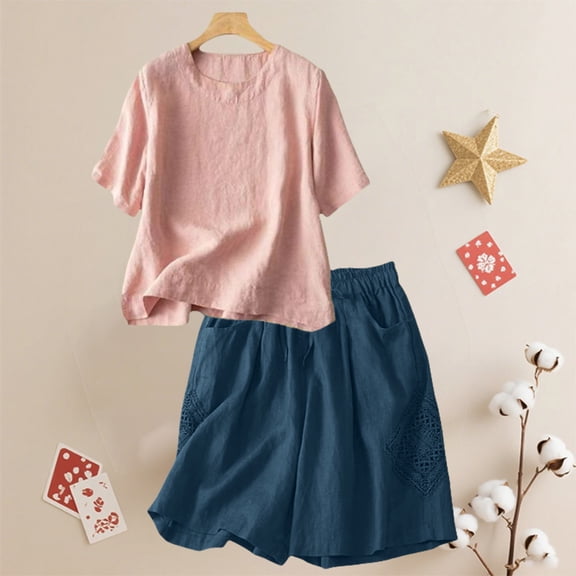Womens Blouses Cotton Linen Short Sleeve T Shirt & Elastic Waist Shorts Set Breathable Summer Casual Two Piece Outfit for Beach & Daily Wear Going Out Tops for Women
