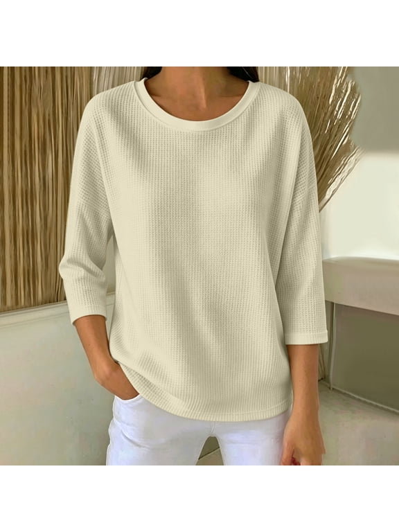 Womens Blouses Crew Neck 3/4 Sleeve Casual Cotton Tunic Tops For Fall Spring Khaki XL