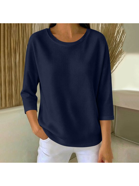 Womens Blouses Crew Neck 3/4 Sleeve Casual Cotton Tunic Tops For Fall Spring Navy XXL