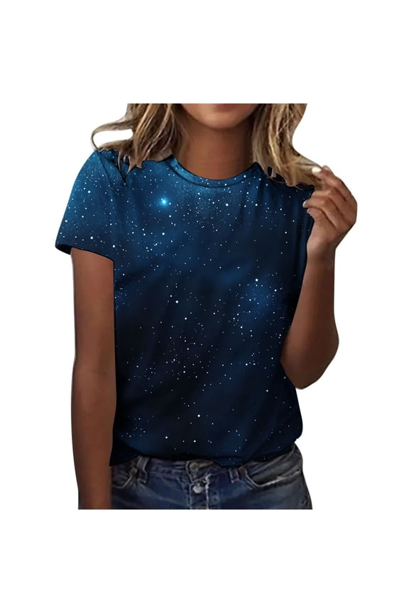 Womens Blouses,Cute Summer Tops for Women Galaxy Space Print Petite Shirts Casual Short Sleeve Crewneck Graphic Tees Blouses