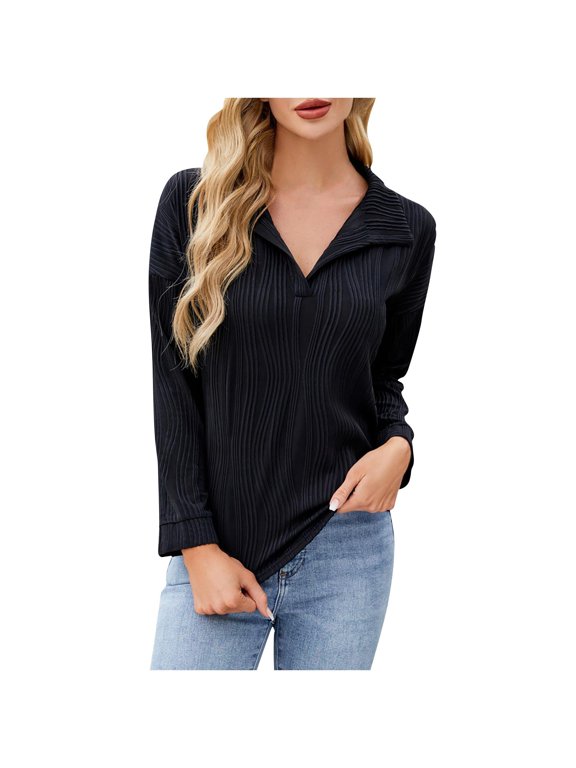 Womens Blouses Dressy Casual Collared Dressy Tops Textured Ruched Long Sleeve Work Office Pullover Shirts, Black, S