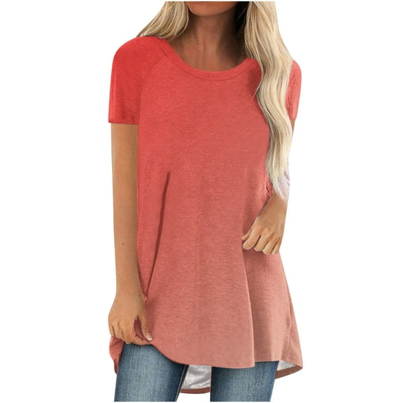 Womens Blouses Dressy Casual Fashion Short Sleeve Crew Neck Printed Long T Shirt Blouse Loose Tops