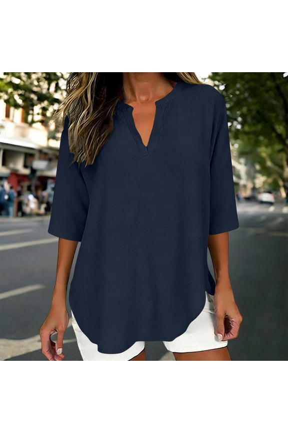 Womens Blouses Dressy Casual New Women's Fashion for Spring and Summer Imitation and Linen Solid Color V-Neck Five Quarter Sleeved Short Sleeved Shirt/Tops Style B-94 Navy XL