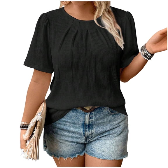 Womens Blouses Dressy Casual Short Sleeve Round Neck Shirts Pleated Front Tunic Tops Plain Summer T Shirts Trendy Blouses