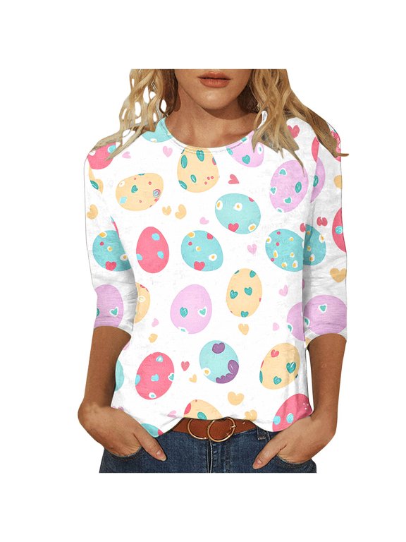 Womens Blouses Dressy Casual Summer,Easter Shirts for Women Cute Bunny Print Tops 3/4 Sleeve Casual Crewneck Pullover Holiday Blouses