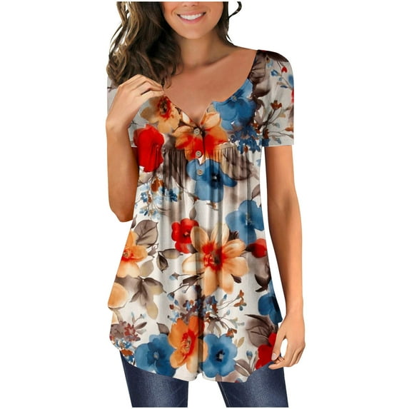 Womens Blouses Dressy Casual V- Neck Short Sleeve Shirts Floral Printed Pleated Buttons Tunic Tops Red L