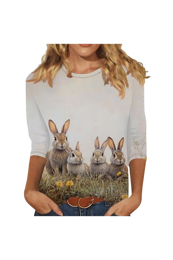 Womens Blouses Dressy Casual,Women Easter Shirts 2025 Cute Rabbit Bunny Pullovers Religious Tunic Blouse Funny Egg Graphic Tees 3/4 Length Sleeve Tops