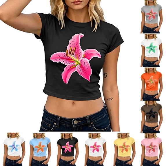 Womens Blouses Dressy Causal Short Tops Ndbuld Women's Casual Fashion Spring And Summer Printed Round Neck Short Sleeve Top Black XL