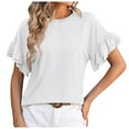 thumbnail image 1 of Womens Blouses Dressy Short Ruffle Sleeve Round Neck Tops Casual Loose Fit Solid Color Trendy Pullover Basic Stripe Textured Tshirts Shirts, 1 of 4