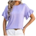 thumbnail image 1 of Womens Blouses Dressy Short Ruffle Sleeve Round Neck Tops Casual Loose Fit Solid Color Trendy Pullover Basic Stripe Textured Tshirts Shirts, 1 of 4