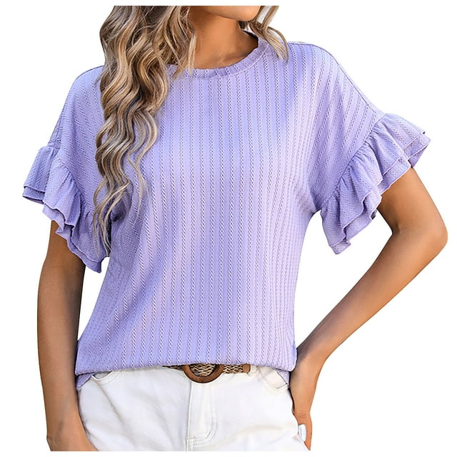 Womens Blouses Dressy Short Ruffle Sleeve Round Neck Tops Casual Loose Fit Solid Color Trendy Pullover Basic Stripe Textured Tshirts Shirts