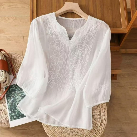 Womens Blouses Embroidered Tops for Women Cotton Linen Tshirt Tee Women 3/4 Sleeve V Neck Button Ethnic Fashion Clothing
