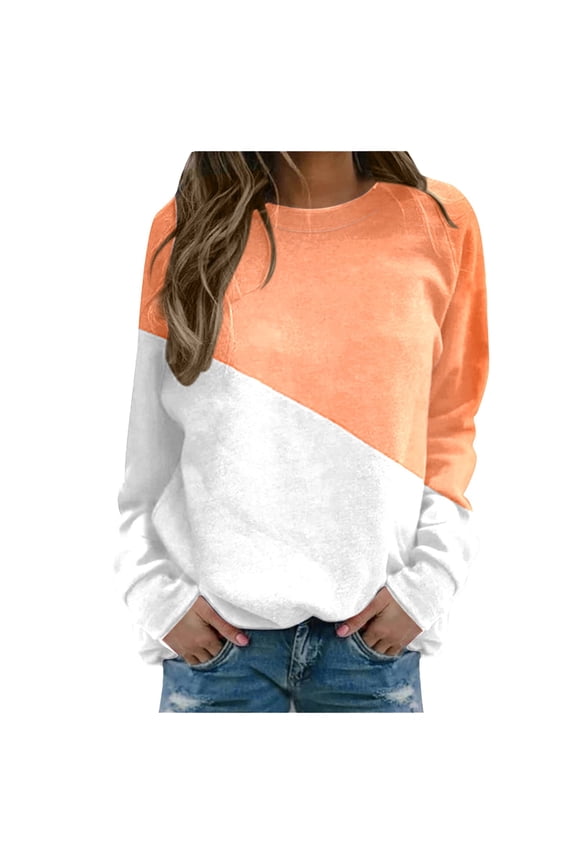 Womens Blouses Fall Winter Loose Fit Crewneck Long Sleeve Cap Drop Shoulder Colorblock Leisure Cotton Tees Top(Orange,XXL)