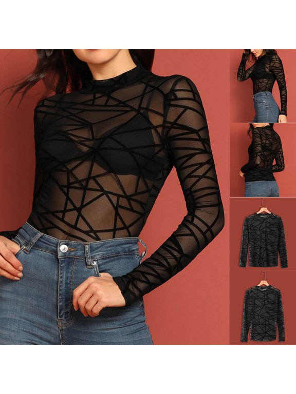 Womens Blouses Fashion Print Top Long Casual O-Neck Sleeve Grid Mesh Sexy Blouse Casual Tee Tops