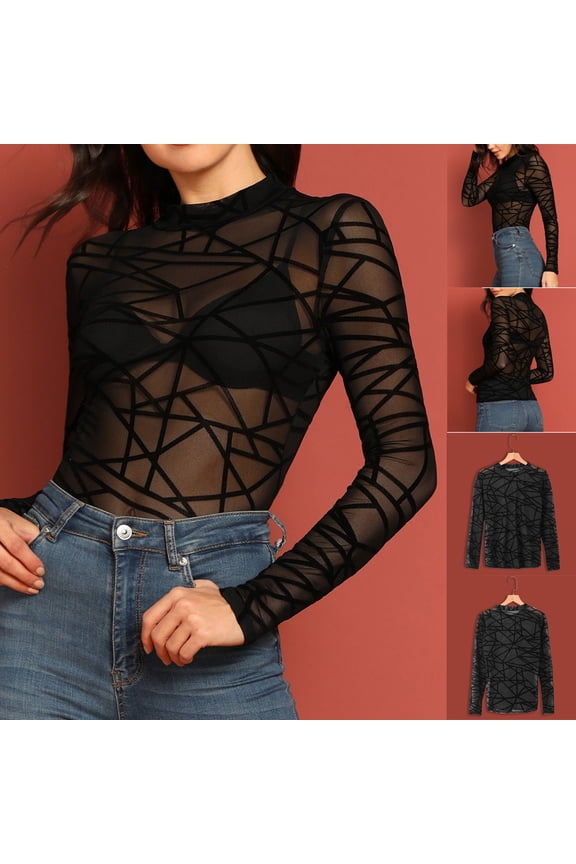 Womens Blouses Fashion Print Top Long Casual O-Neck Sleeve Grid Mesh Sexy Blouse Casual Tee Tops