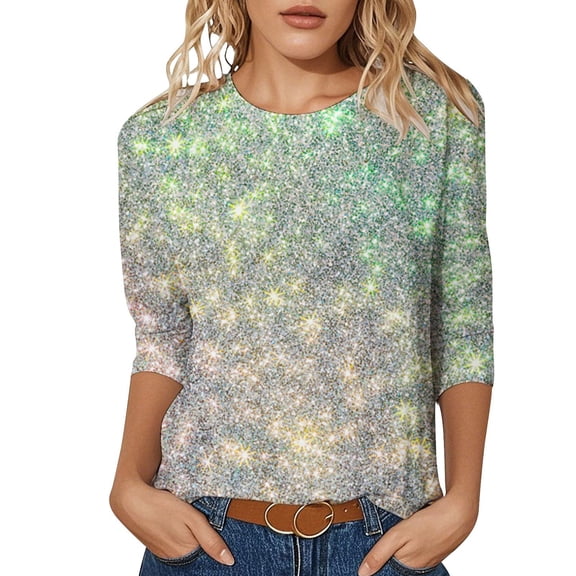 Womens Blouses Fashion Round Neck Three Quarter Sleeve Petite Clothing for Women,Light Green,L