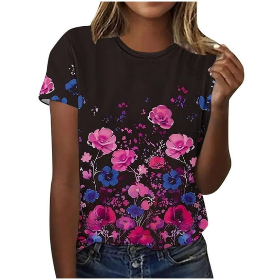 Womens Blouses Fashion Spring Floral Print Shirts Loose Casual Pullover Short Sleeve T-Shirts Summer Clothing Top with Short Sleeves