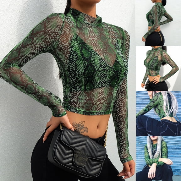 Womens Blouses Fashion Women Green Snake Skin Print Net Yarn Short Navel Top T-shirt Tee Fashion Clothing