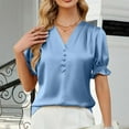 thumbnail image 1 of Womens Blouses Fashionable Satin V Neck Pleated Button Short Sleeved Shirt with Ruffled Edges Going Out Tops for Women, 1 of 6