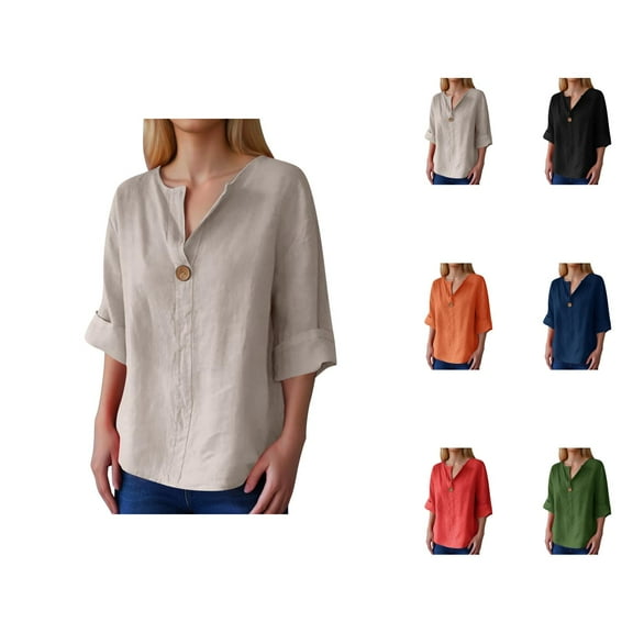 Womens Blouses – Flowy Chiffon Blouse V Neck 3/4 Sleeve Dressy Tops for Spring and Summer Office Wear Women's V Neck Button Down Shirt Casual Blouse
