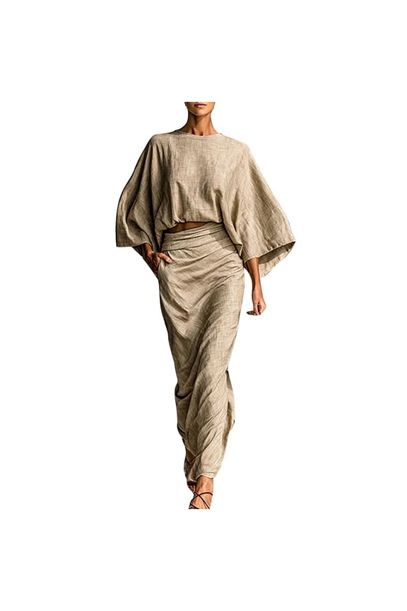 Womens Blouses Linen Blend Batwing Sleeve Loose Top And Casual Pocket Maxi Skirt Set Long Sleeve Shirts For Women