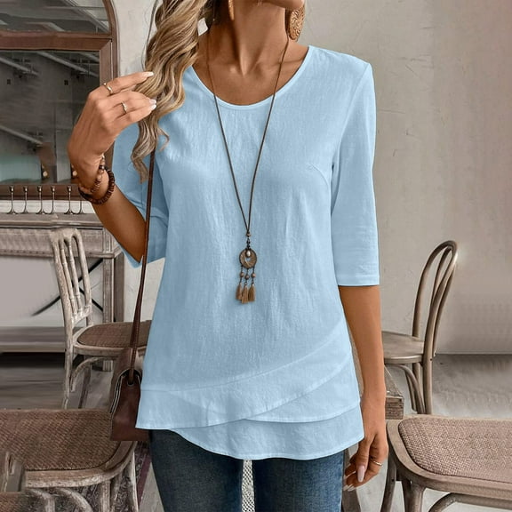 Womens Blouses Linen Shirts Solid Color 3/4 Sleeve Tops Summer Casual Loose Round Neck Work Blouses Ladies Basic Tunic Tops Going Out Tops for Women