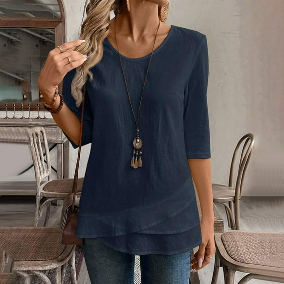 Womens Blouses Linen Shirts Solid Color 3/4 Sleeve Tops Summer Casual Loose Round Neck Work Blouses Ladies Basic Tunic Tops Going Out Tops for Women
