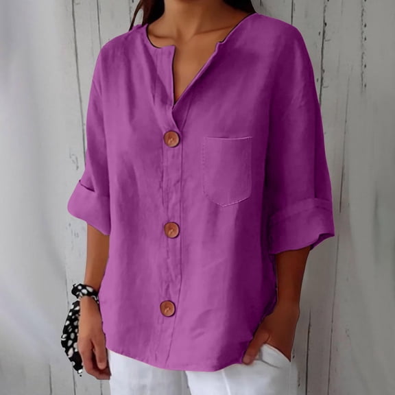 Womens Blouses Linen Shirts for Women Summer 2026 Trendy V Neck 3/4 Sleeve Top Loose Vacation Beach Solid Blouses Tops Fashion Clothing