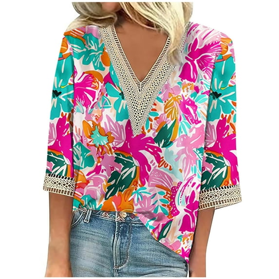 Womens Blouses Long Sleeve Fashion Women's Summer V-Neck 3/4 Sleeve Lace Print Casual T-Shirt Blouse