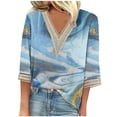 thumbnail image 1 of Womens Blouses Long Sleeve Fashion Women's Summer V-Neck 3/4 Sleeve Lace Print Casual T-Shirt Blouse, 1 of 5