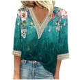 thumbnail image 1 of Womens Blouses Long Sleeve Fashion Women's Summer V-Neck 3/4 Sleeve Lace Print Casual T-Shirt Blouse, 1 of 5