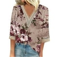 thumbnail image 1 of Womens Blouses Long Sleeve Fashion Women's Summer V-Neck 3/4 Sleeve Lace Splicing Print Casual T-Shirt Blouse, 1 of 5