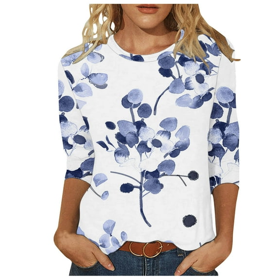 Womens Blouses Long Sleeve Women 3/4 Sleeves Casual Shirts Pullover Loose Tunic Tops Print Blouse