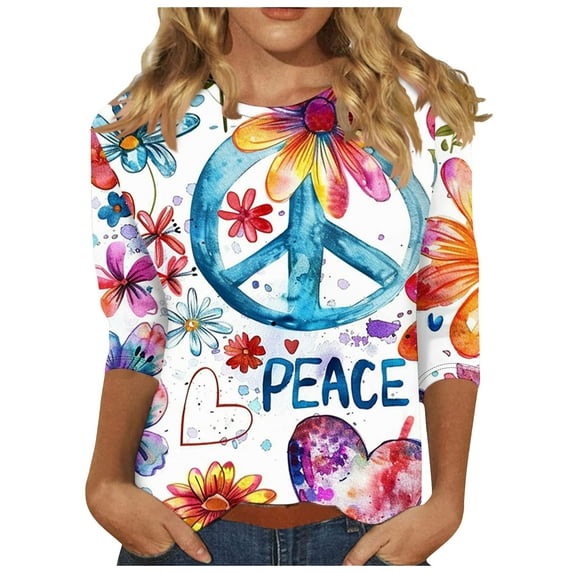 Womens Blouses Long Sleeve Clearance Women's Casual Fashion T-Shirt Printed 3/4 Sleeve Round Neck Ruched Pullover Blouse Tops