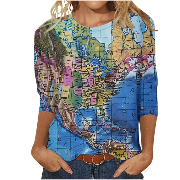Womens Blouses Long Sleeve Women's Fashion Casual Color Printing Round Neck 3/4 Sleeve T-Shirt Top Blouse