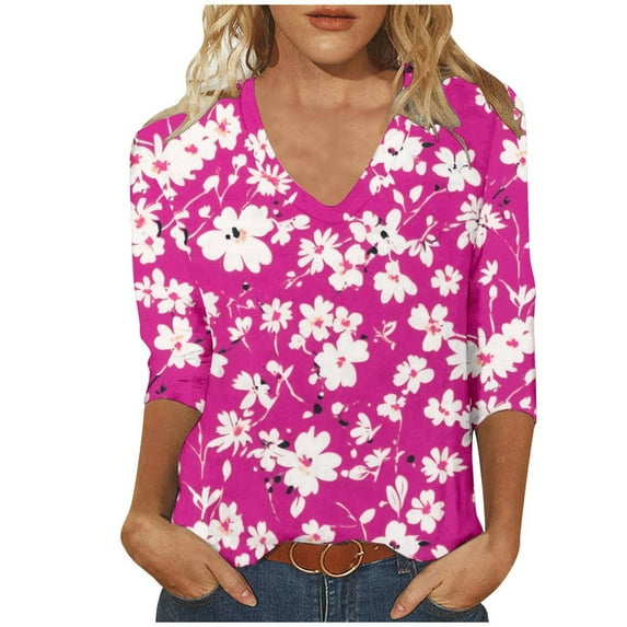Womens Blouses Long Sleeve Women's Fashion Casual Print V-neck 3/4 Sleeve Top Long Sleeved V-neck Top/Shirt