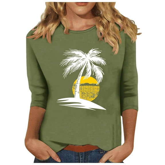 Womens Blouses Long Sleeve Women's Fashion Printed Round Neck 3/4 Sleeve T-Shirt Loose Tops Long Sleeve Round Neck Tops/Shirt