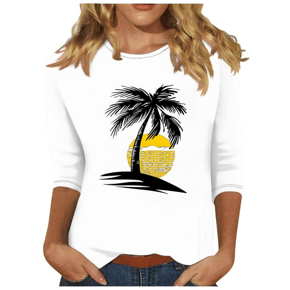 Womens Blouses Long Sleeve Women's Fashion Printed Round Neck 3/4 Sleeve T-Shirt Loose Tops Long Sleeve Round Neck Tops/Shirt