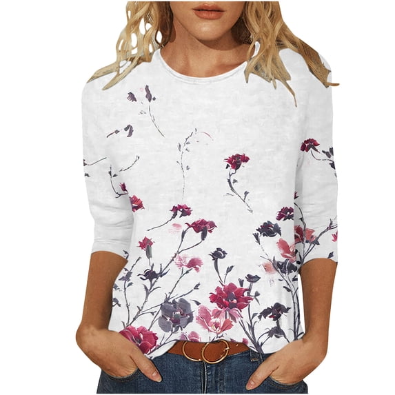Womens Blouses Long Sleeve Women's Fashion Printed T-Shirt 3/4 Sleeves Blouse Round Neck Casual Tops