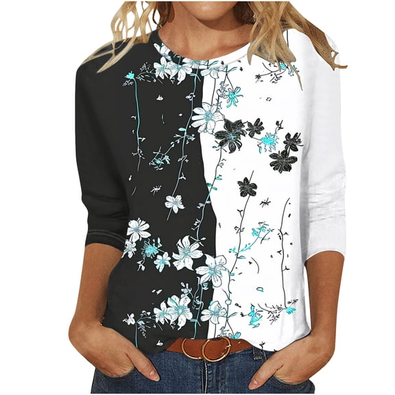 Womens Blouses Long Sleeve Women's Fashion Printed T-Shirt 3/4 Sleeves Blouse Round Neck Casual Tops
