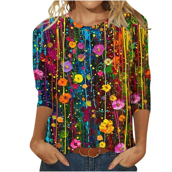 Womens Blouses Long Sleeve Clearance Women's Fashion Printed T-Shirt 3/4 Sleeves Blouse Round Neck Casual Tops